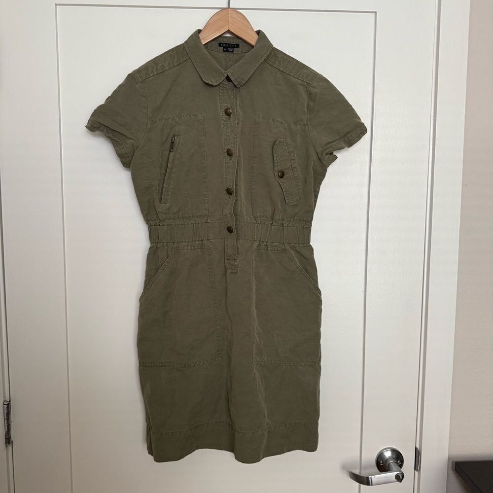 Theory Utility Cargo Dress Sz M Olive Green Linen Cotton Military Short Sleeve
